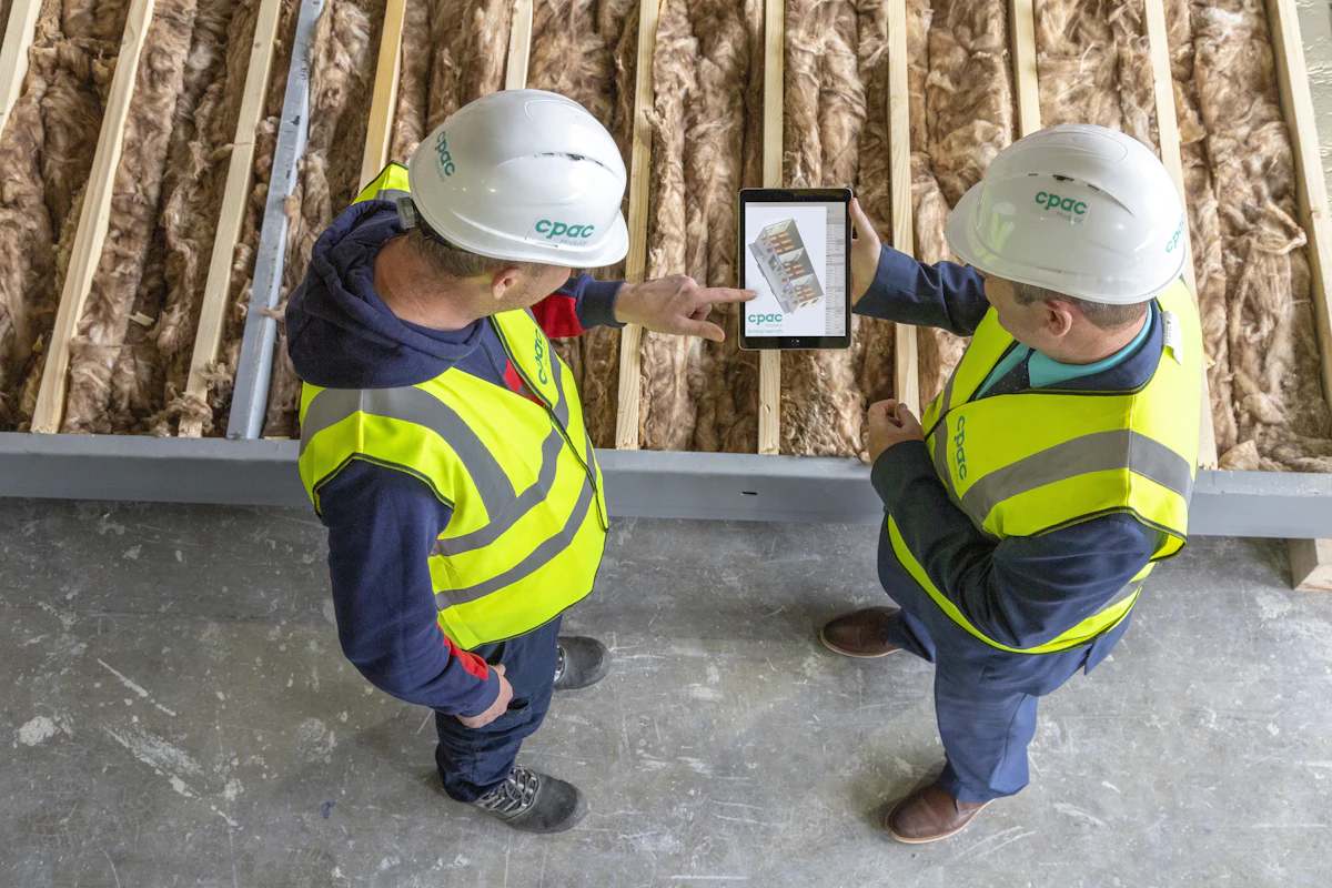 Construction workers discussing plans on a tablet